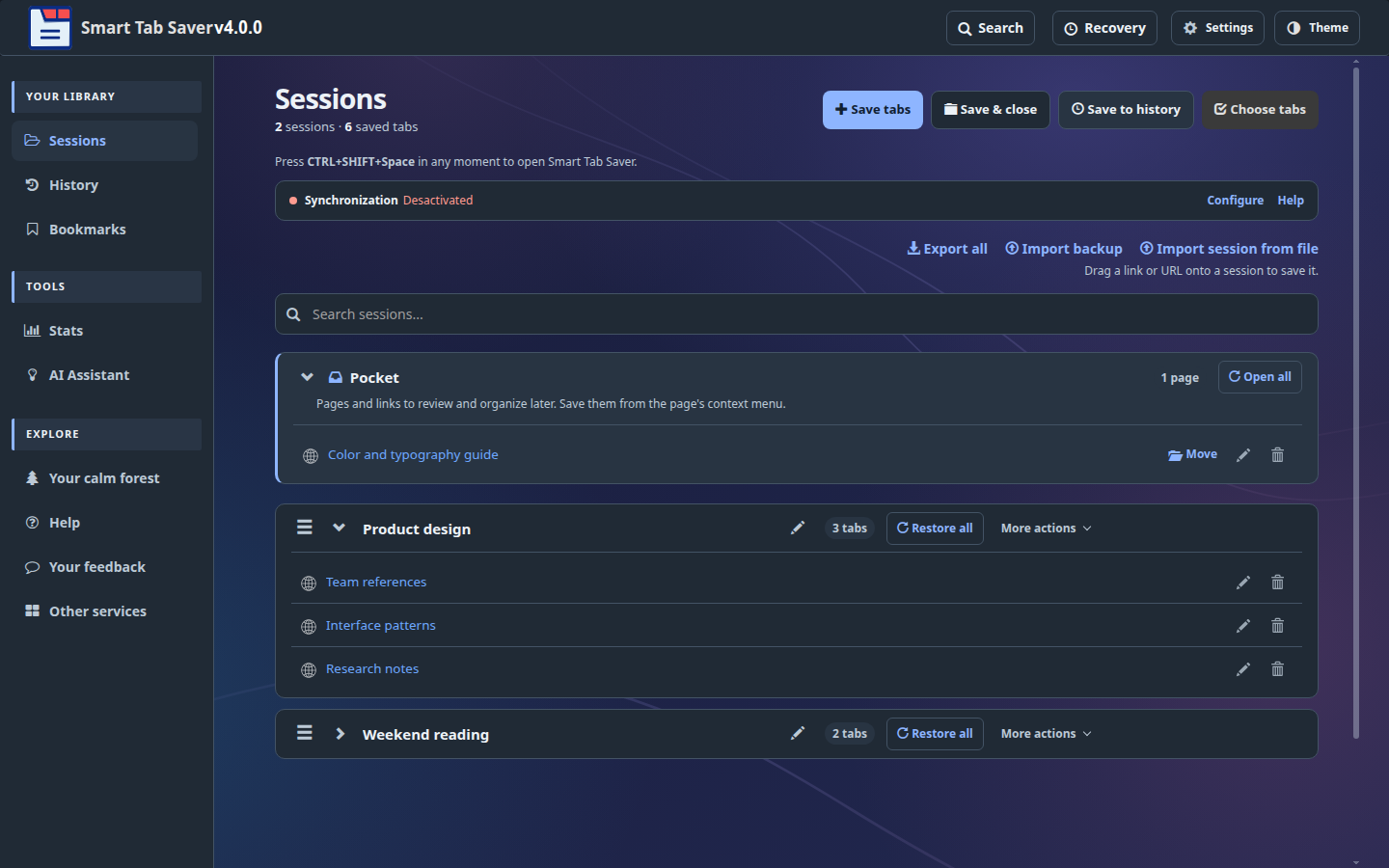 Smart Tab Saver dashboard showing Pocket, saved sessions and search in the dark Prisma theme